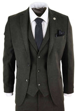 Terno masculino de 3 peças em tweed de lã verde-oliva - STZ11