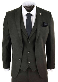 Terno masculino de 3 peças em tweed de lã verde-oliva - STZ11