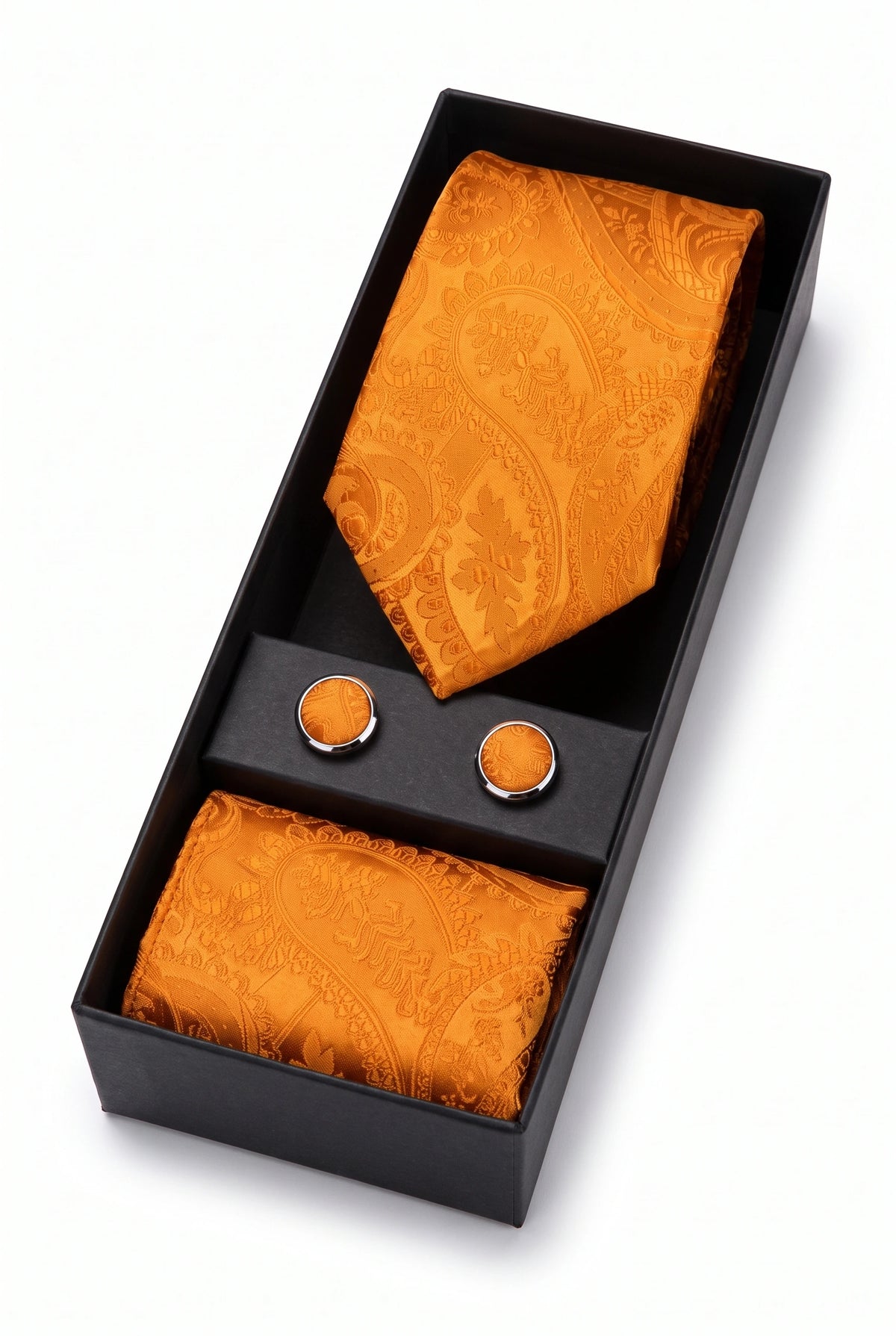 Conjunto de presente com gravata masculina laranja com estampa paisley