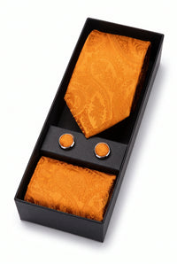 Conjunto de presente com gravata masculina laranja com estampa paisley