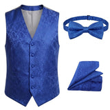Conjunto de gravata borboleta, lenço de bolso e colete masculino com estampa floral paisley (3 peças) - Azul