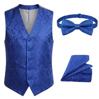 Conjunto de gravata borboleta, lenço de bolso e colete masculino com estampa floral paisley (3 peças) - Azul
