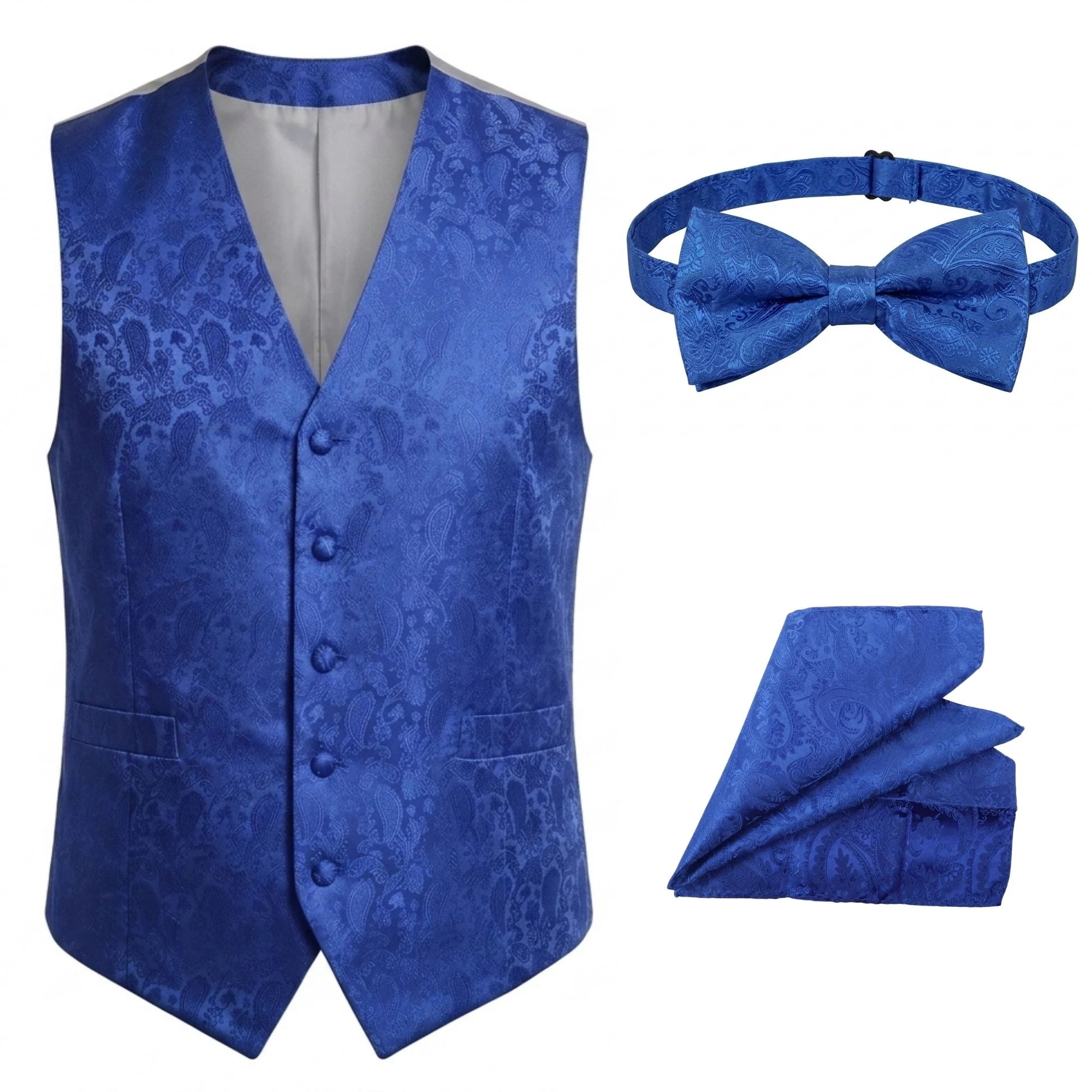 Conjunto de gravata borboleta, lenço de bolso e colete masculino com estampa floral paisley (3 peças) - Azul