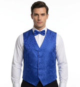 Conjunto de gravata borboleta, lenço de bolso e colete masculino com estampa floral paisley (3 peças) - Azul