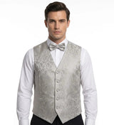 Conjunto de gravata borboleta, lenço de bolso e colete masculino com estampa floral paisley (3 peças) - Cinza