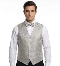 Conjunto de gravata borboleta, lenço de bolso e colete masculino com estampa floral paisley (3 peças) - Cinza