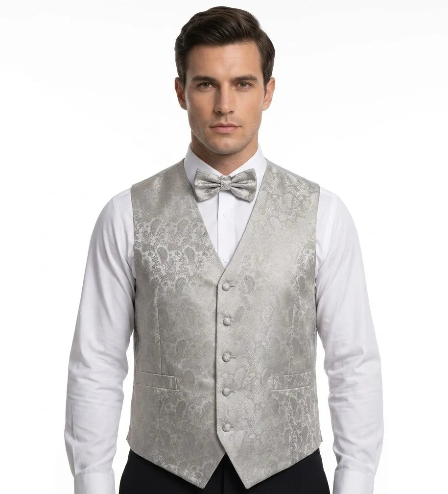 Conjunto de gravata borboleta, lenço de bolso e colete masculino com estampa floral paisley (3 peças) - Cinza