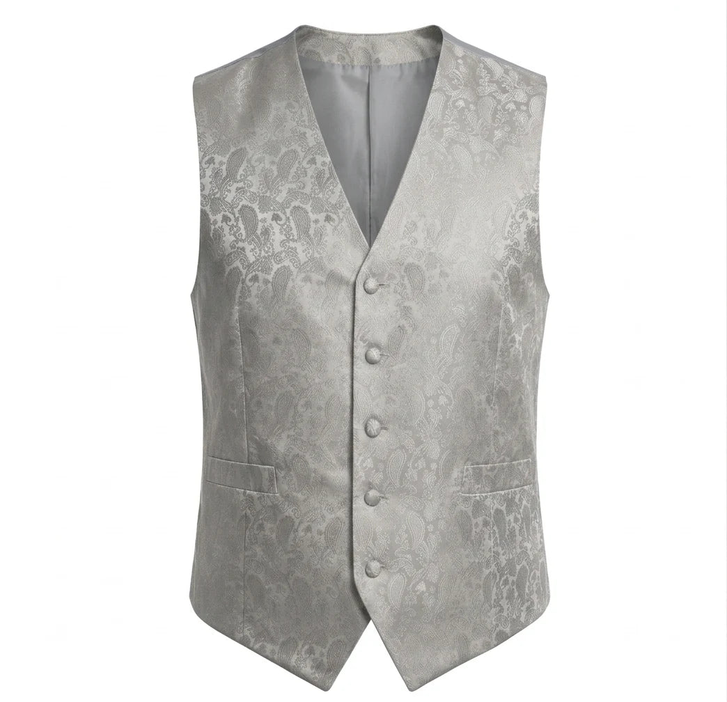 Conjunto de gravata borboleta, lenço de bolso e colete masculino com estampa floral paisley (3 peças) - Cinza