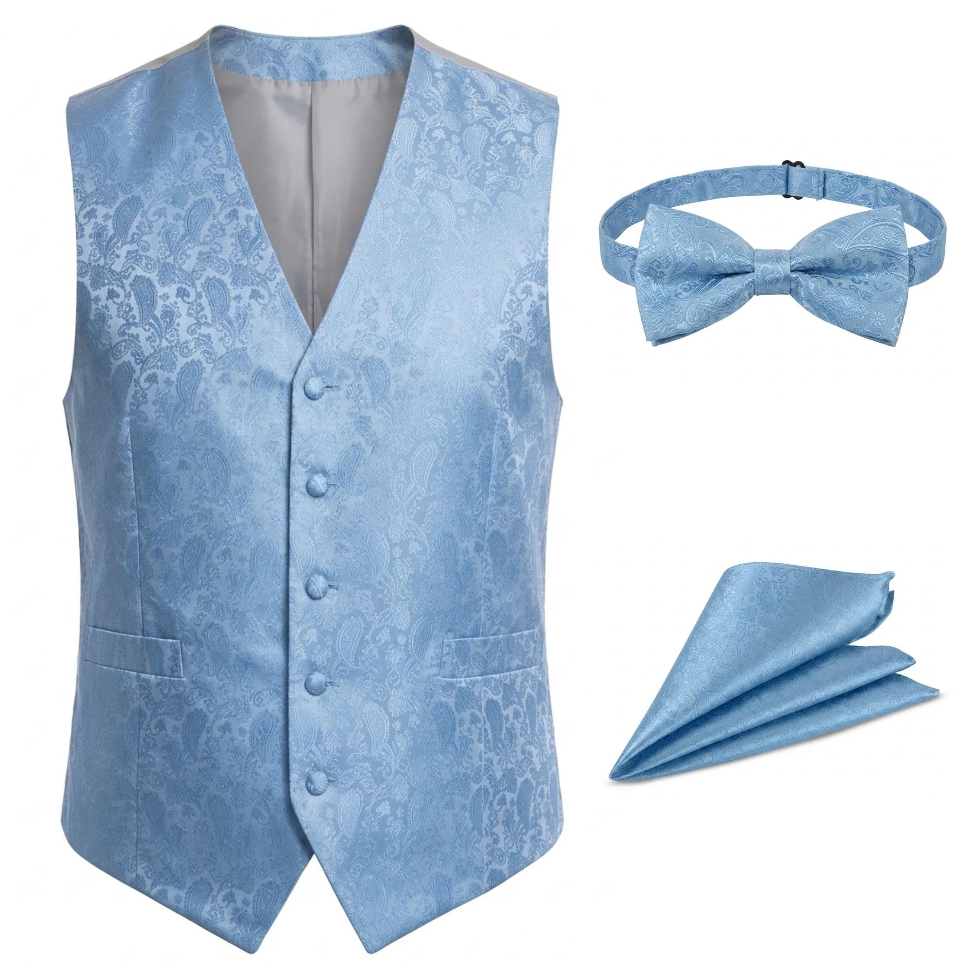 Conjunto de gravata borboleta, lenço de bolso e colete masculino com estampa floral paisley - Azul-celeste