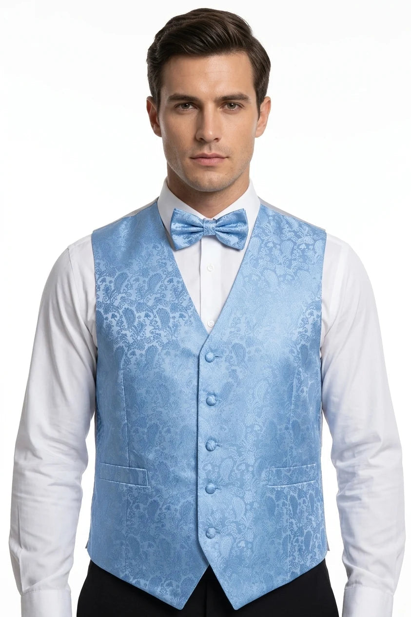Conjunto de gravata borboleta, lenço de bolso e colete masculino com estampa floral paisley - Azul-celeste