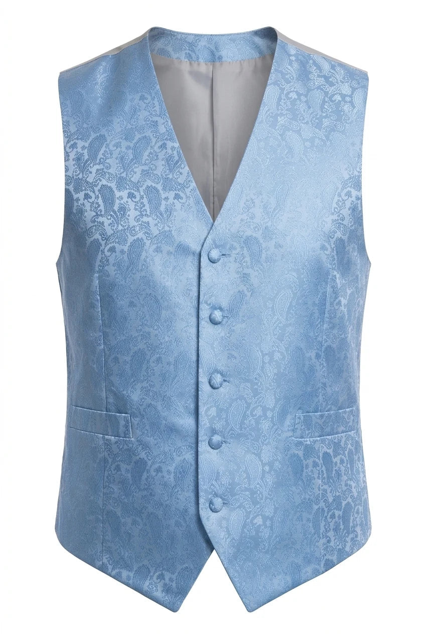 Conjunto de gravata borboleta, lenço de bolso e colete masculino com estampa floral paisley - Azul-celeste