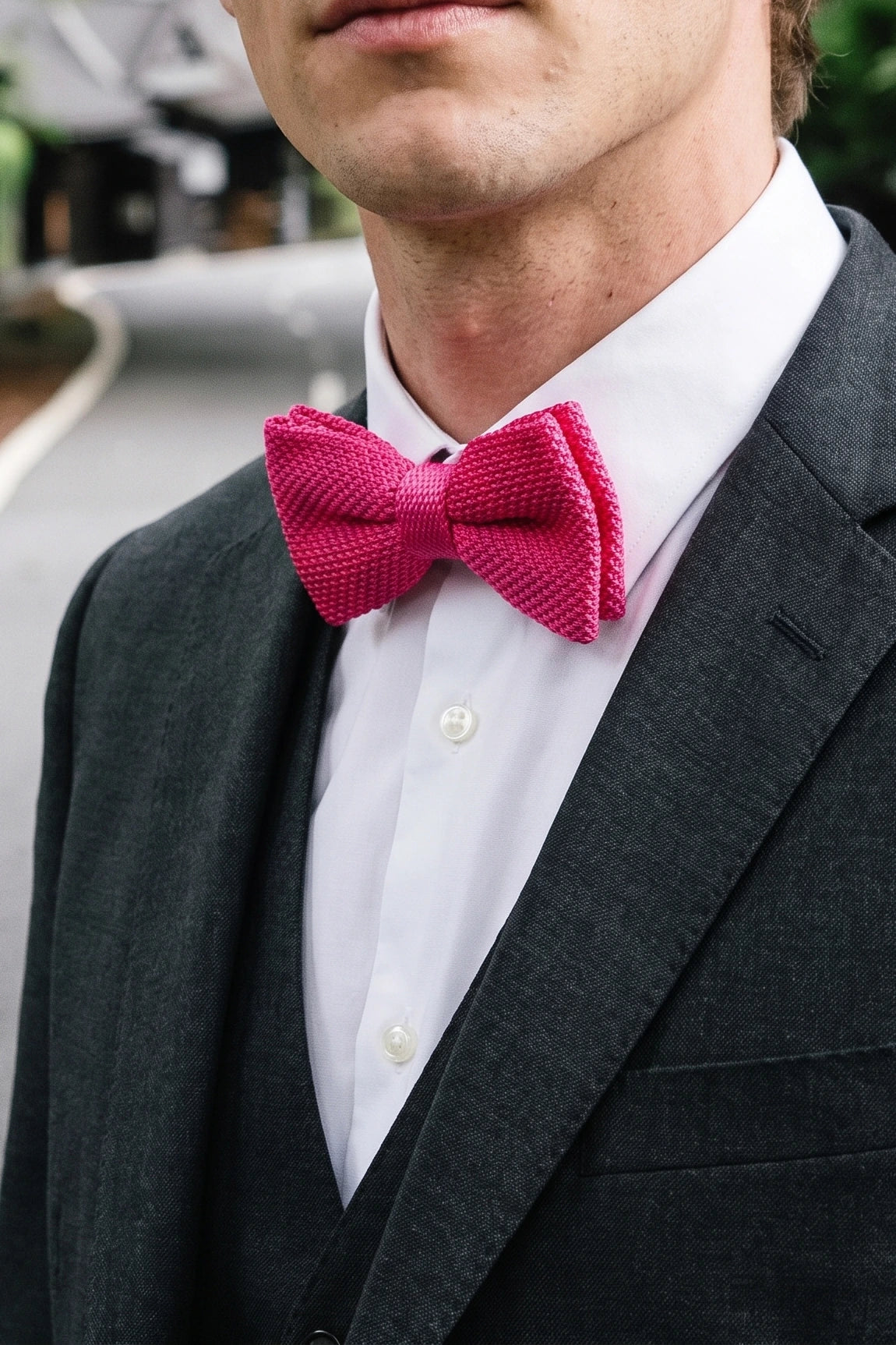 Gravata borboleta masculina rosa de tricô