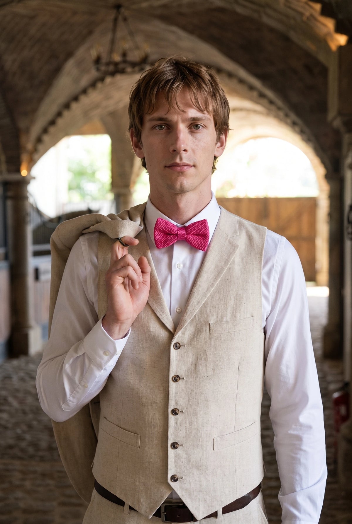 Gravata borboleta masculina rosa de tricô