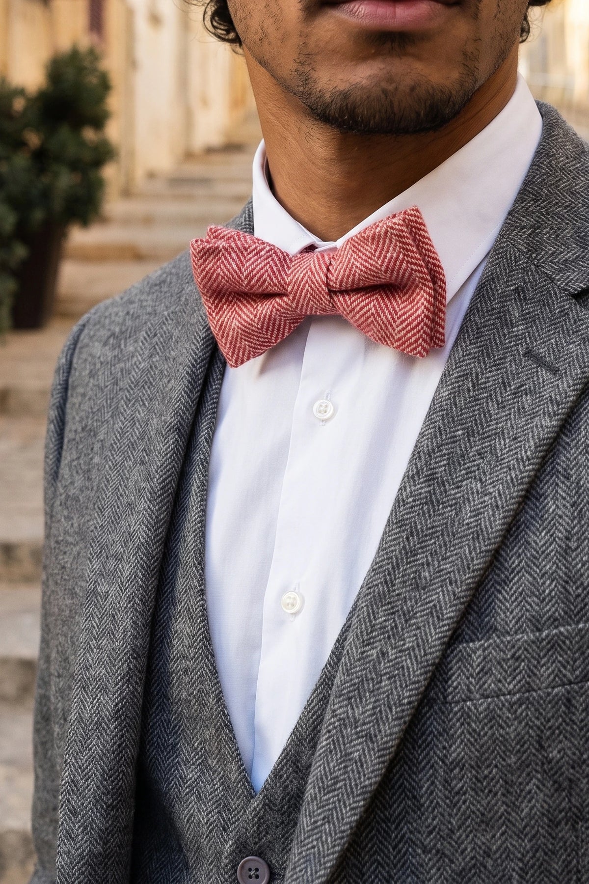 Gravata borboleta masculina rosa de tweed