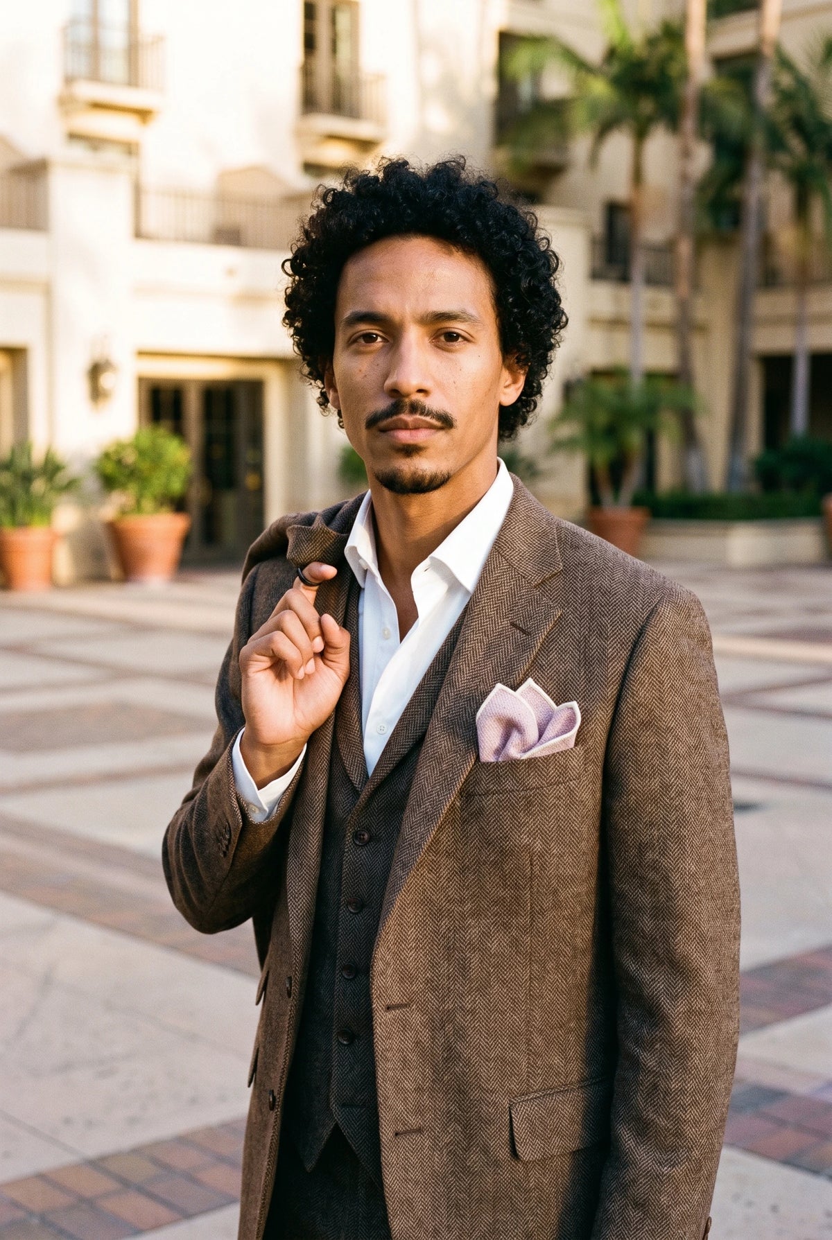 Lenço de bolso masculino em tweed rosa com mistura de lã.