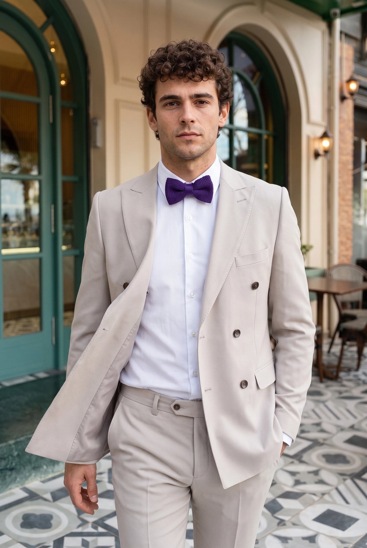 Gravata borboleta masculina roxa de tricô