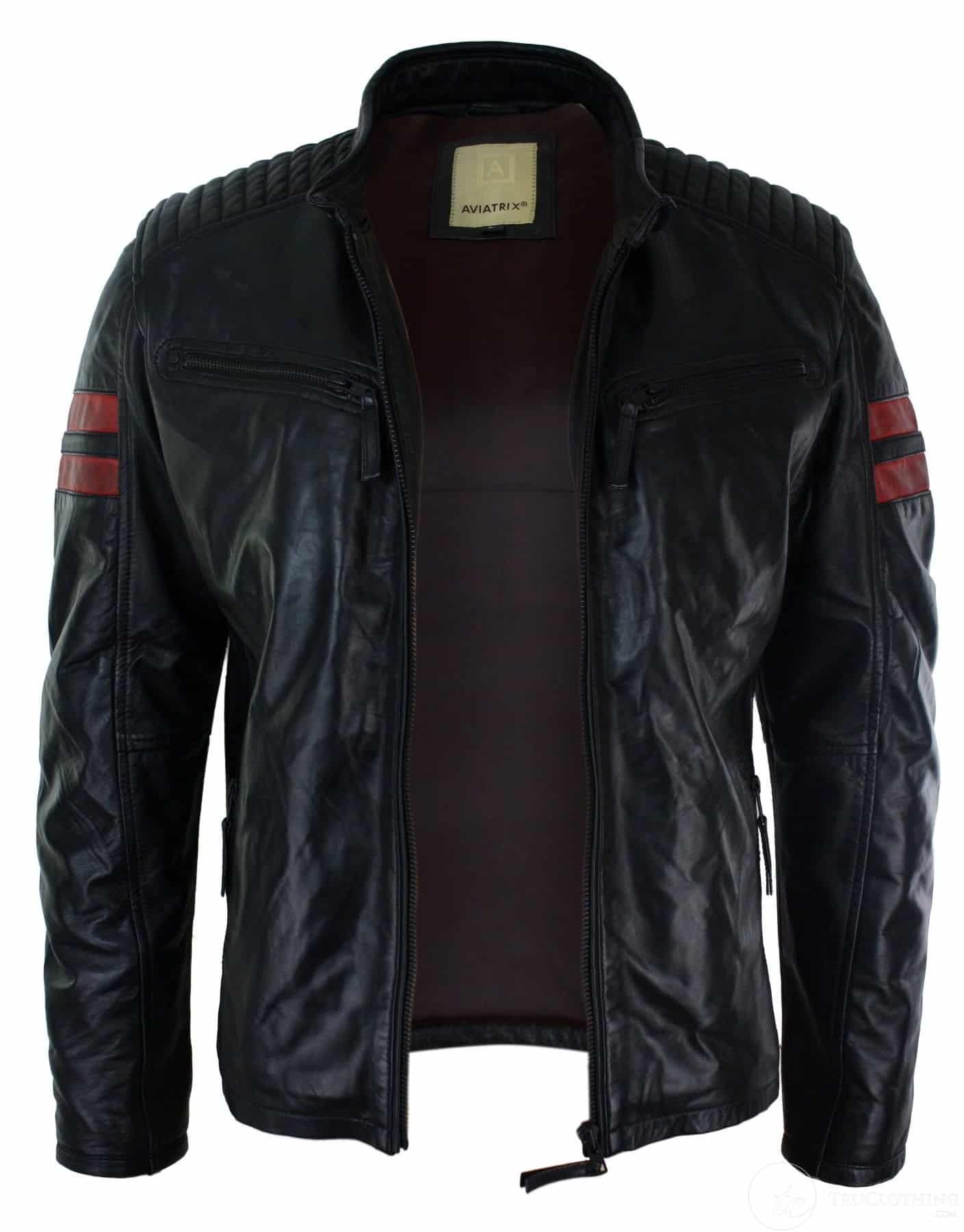 Jaqueta bomber masculina preta em couro legítimo com listras vermelhas, acolchoada, corte slim, estilo casual.