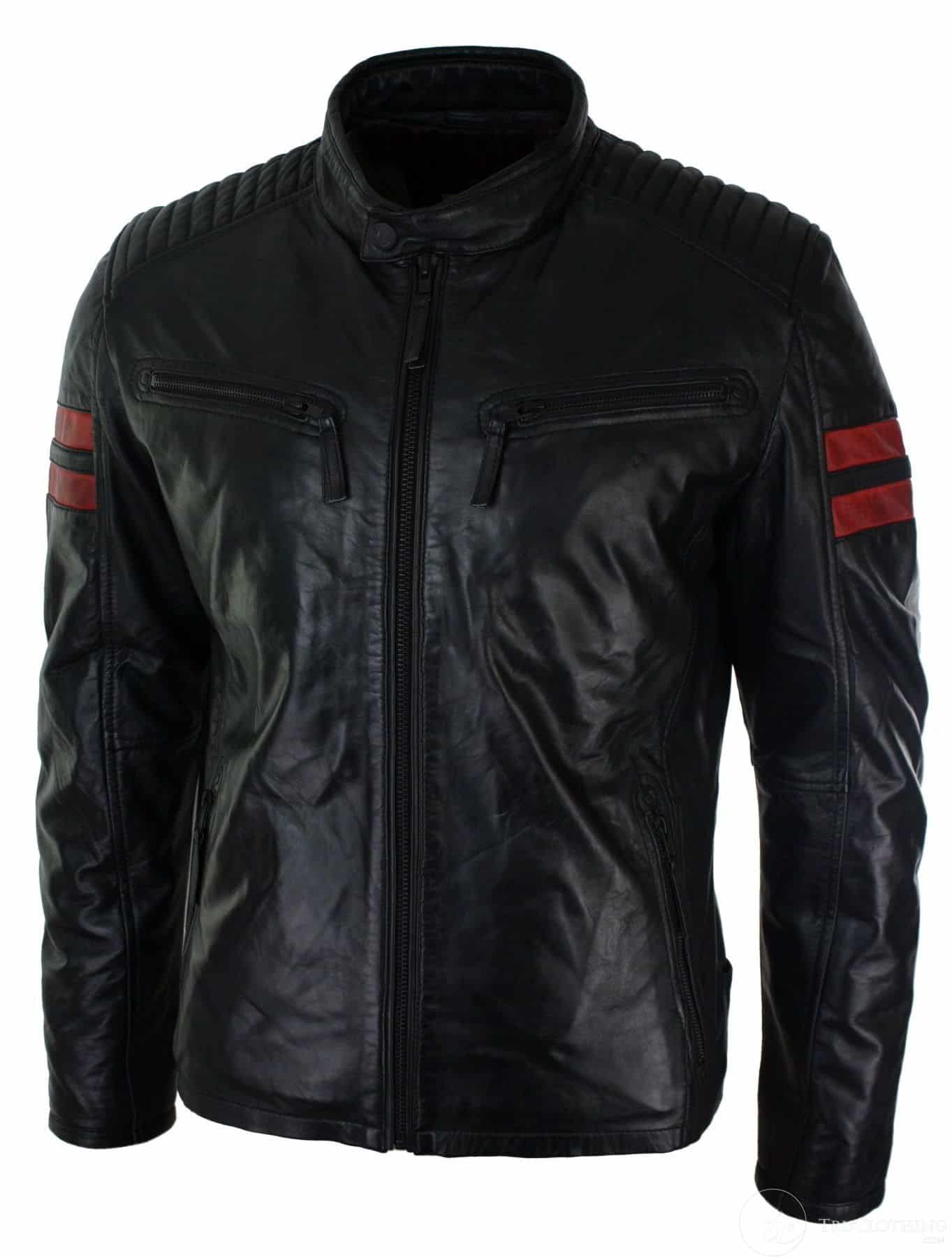 Jaqueta bomber masculina preta em couro legítimo com listras vermelhas, acolchoada, corte slim, estilo casual.