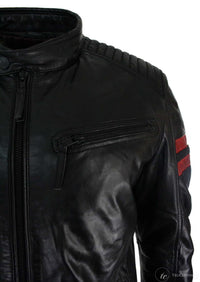 Jaqueta bomber masculina preta em couro legítimo com listras vermelhas, acolchoada, corte slim, estilo casual.