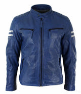 Jaqueta Bomber Masculina Azul em Couro Legítimo com Listras Brancas, Acolchoada, Corte Slim, Casual - Azul