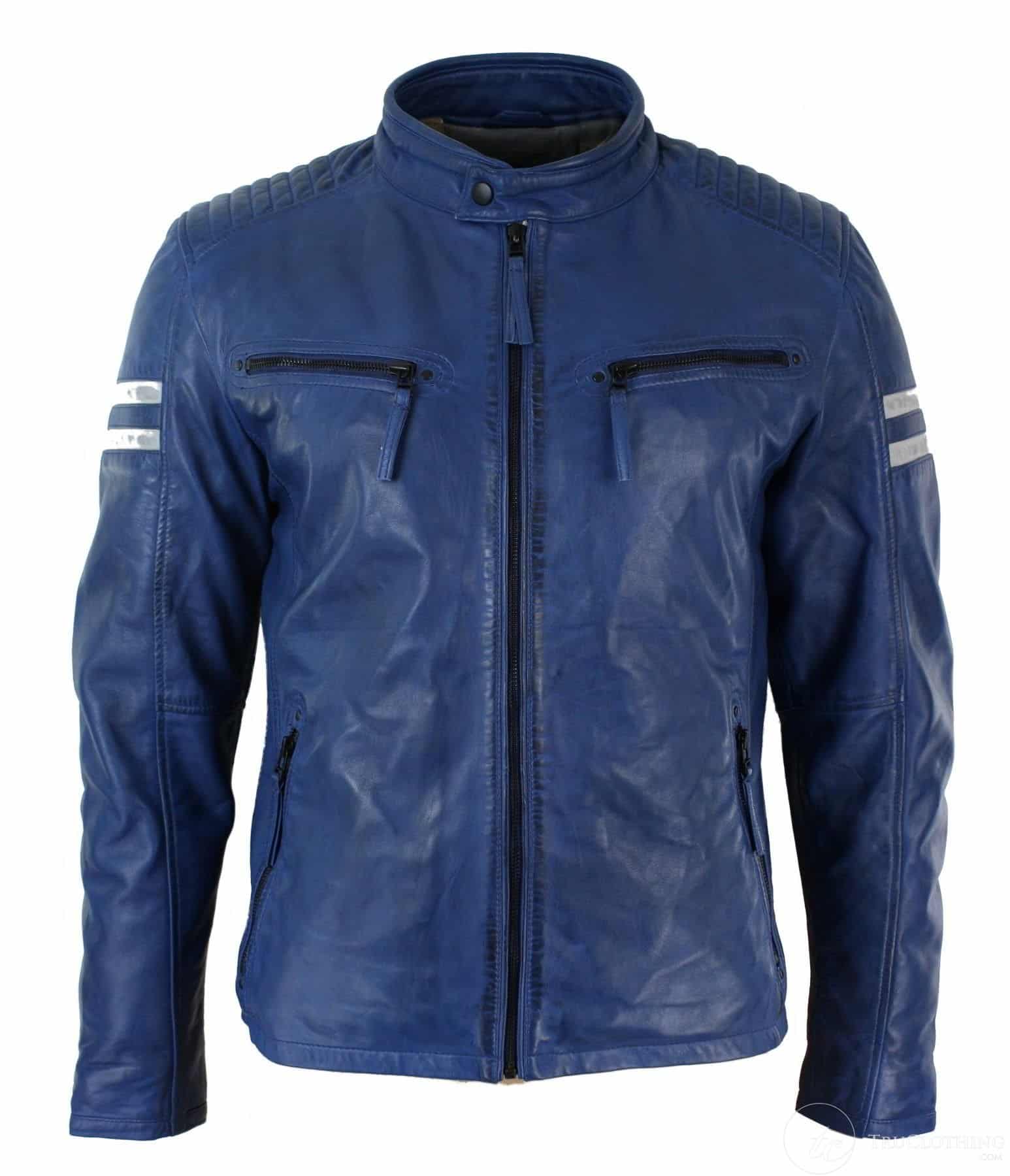 Jaqueta Bomber Masculina Azul em Couro Legítimo com Listras Brancas, Acolchoada, Corte Slim, Casual - Azul