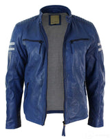 Jaqueta Bomber Masculina Azul em Couro Legítimo com Listras Brancas, Acolchoada, Corte Slim, Casual - Azul