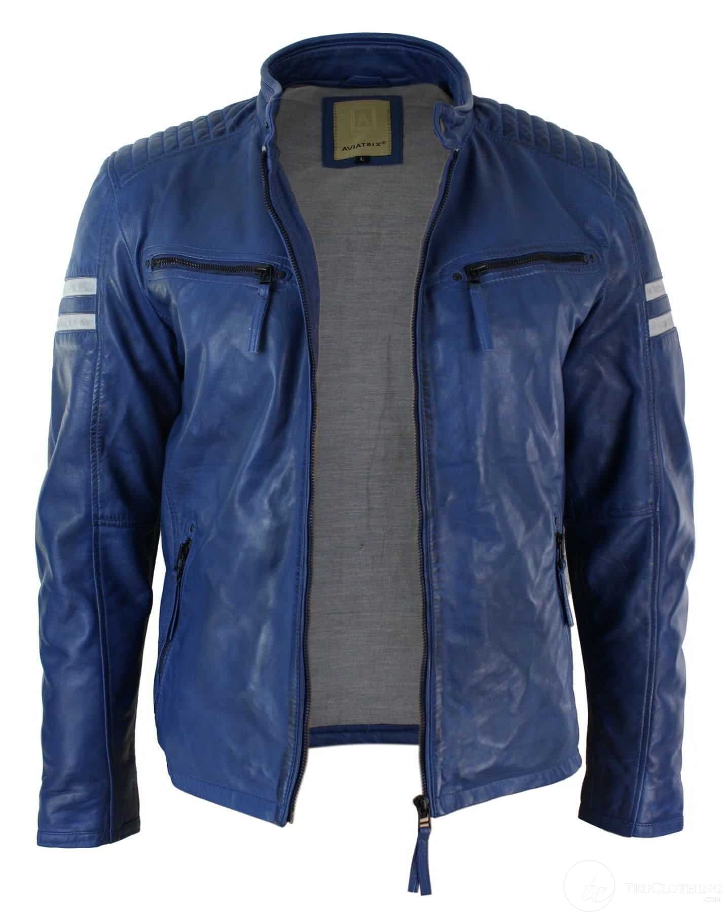 Jaqueta Bomber Masculina Azul em Couro Legítimo com Listras Brancas, Acolchoada, Corte Slim, Casual - Azul