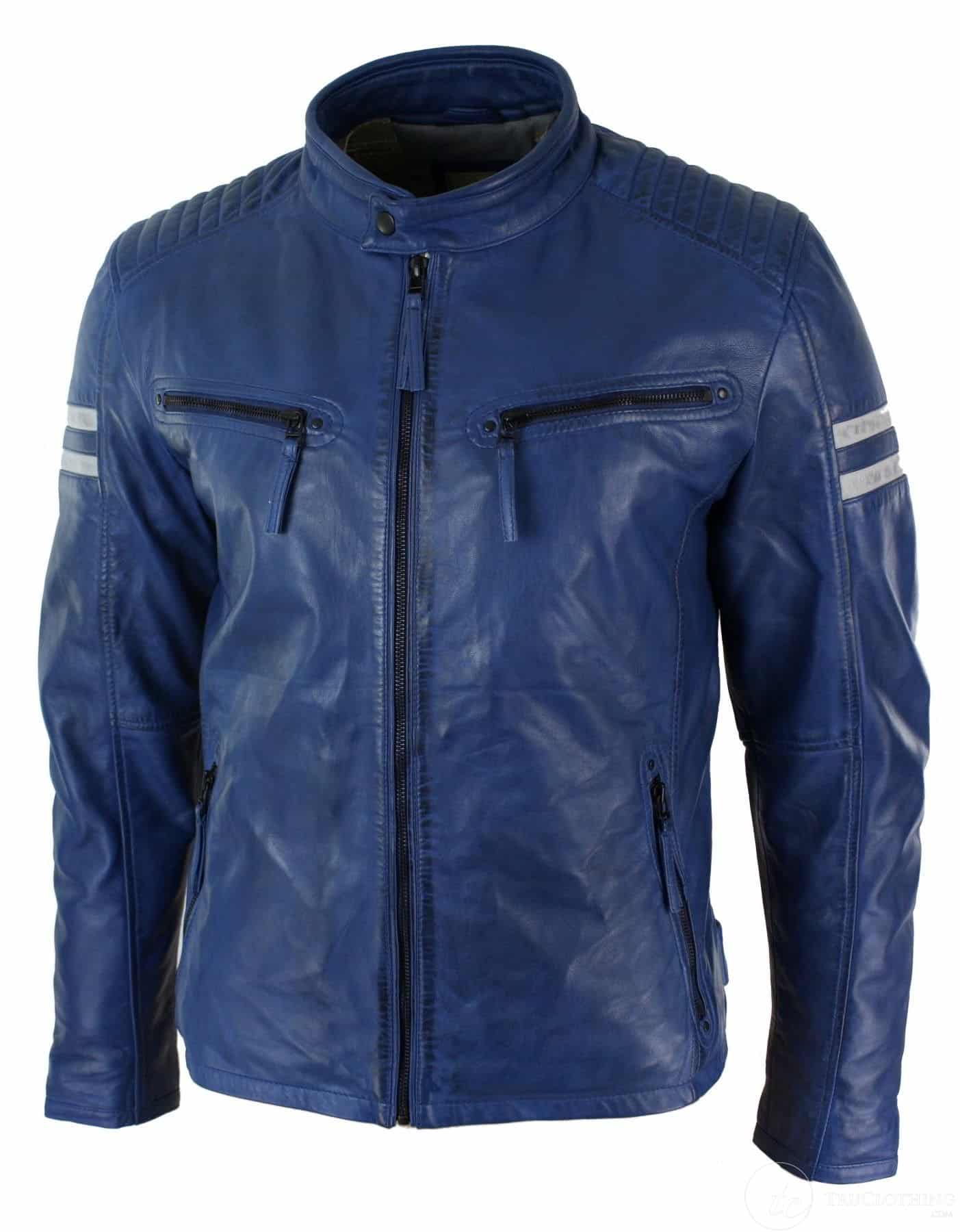 Jaqueta Bomber Masculina Azul em Couro Legítimo com Listras Brancas, Acolchoada, Corte Slim, Casual - Azul