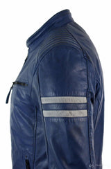 Jaqueta Bomber Masculina Azul em Couro Legítimo com Listras Brancas, Acolchoada, Corte Slim, Casual - Azul