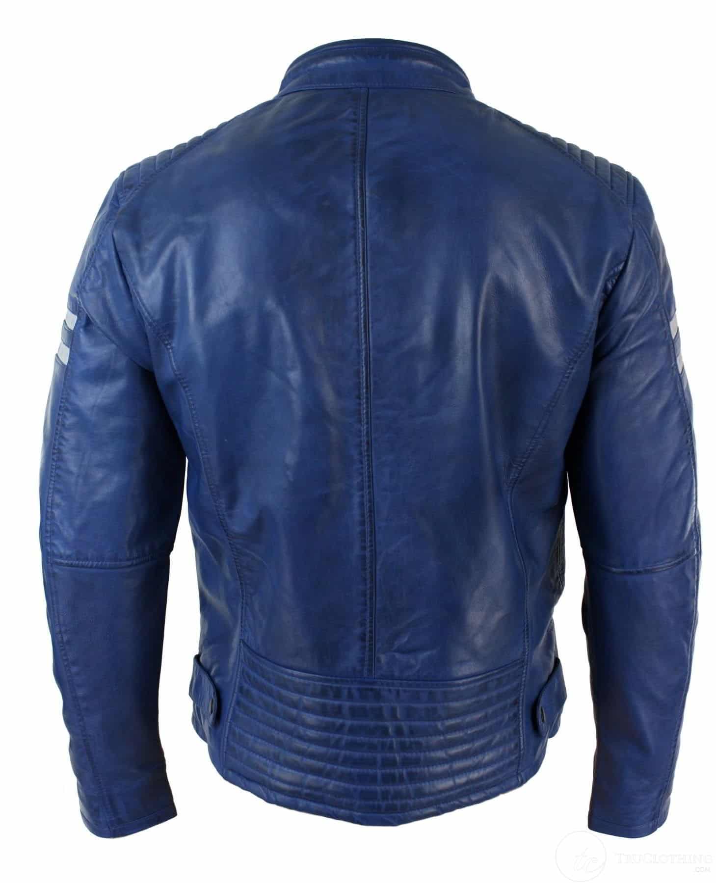Jaqueta Bomber Masculina Azul em Couro Legítimo com Listras Brancas, Acolchoada, Corte Slim, Casual - Azul