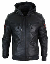 Jaqueta Bomber Masculina Preta com Capuz, em Couro Legítimo, Listras Vermelhas, Acolchoada, Corte Slim e Casual.