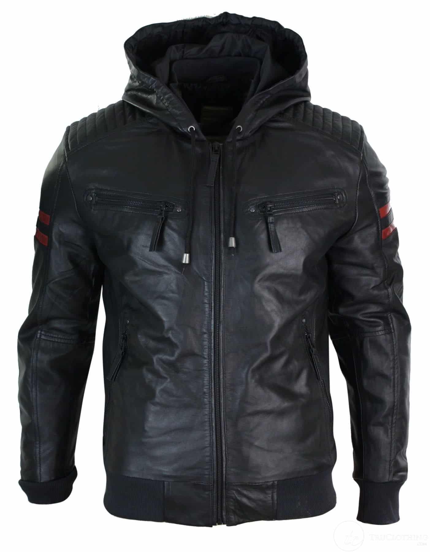 Jaqueta Bomber Masculina Preta com Capuz, em Couro Legítimo, Listras Vermelhas, Acolchoada, Corte Slim e Casual.