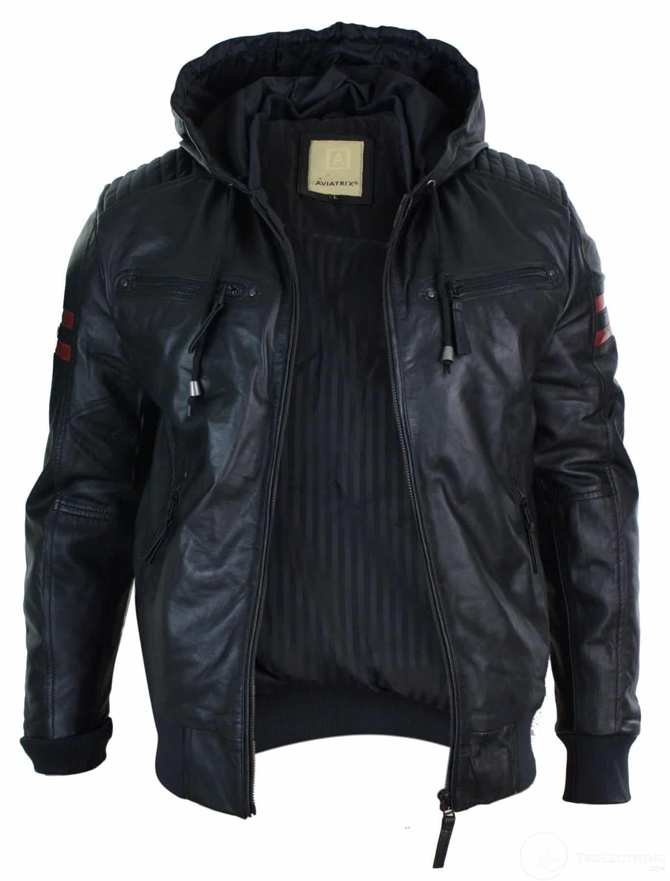 Jaqueta Bomber Masculina Preta com Capuz, em Couro Legítimo, Listras Vermelhas, Acolchoada, Corte Slim e Casual.