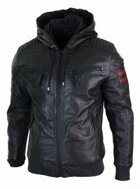 Jaqueta Bomber Masculina Preta com Capuz, em Couro Legítimo, Listras Vermelhas, Acolchoada, Corte Slim e Casual.