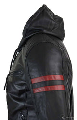 Jaqueta Bomber Masculina Preta com Capuz, em Couro Legítimo, Listras Vermelhas, Acolchoada, Corte Slim e Casual.