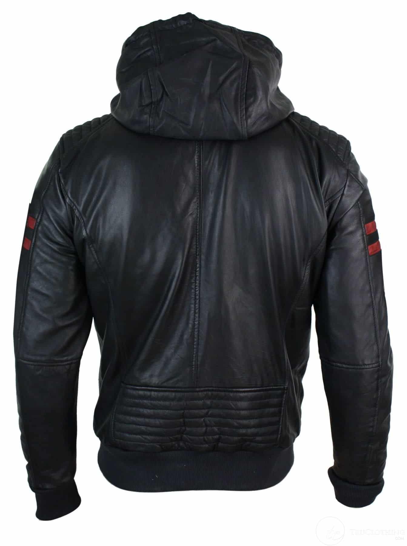 Jaqueta Bomber Masculina Preta com Capuz, em Couro Legítimo, Listras Vermelhas, Acolchoada, Corte Slim e Casual.