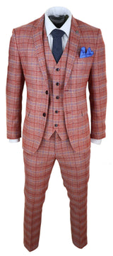 Terno masculino vermelho de tweed xadrez de 3 peças