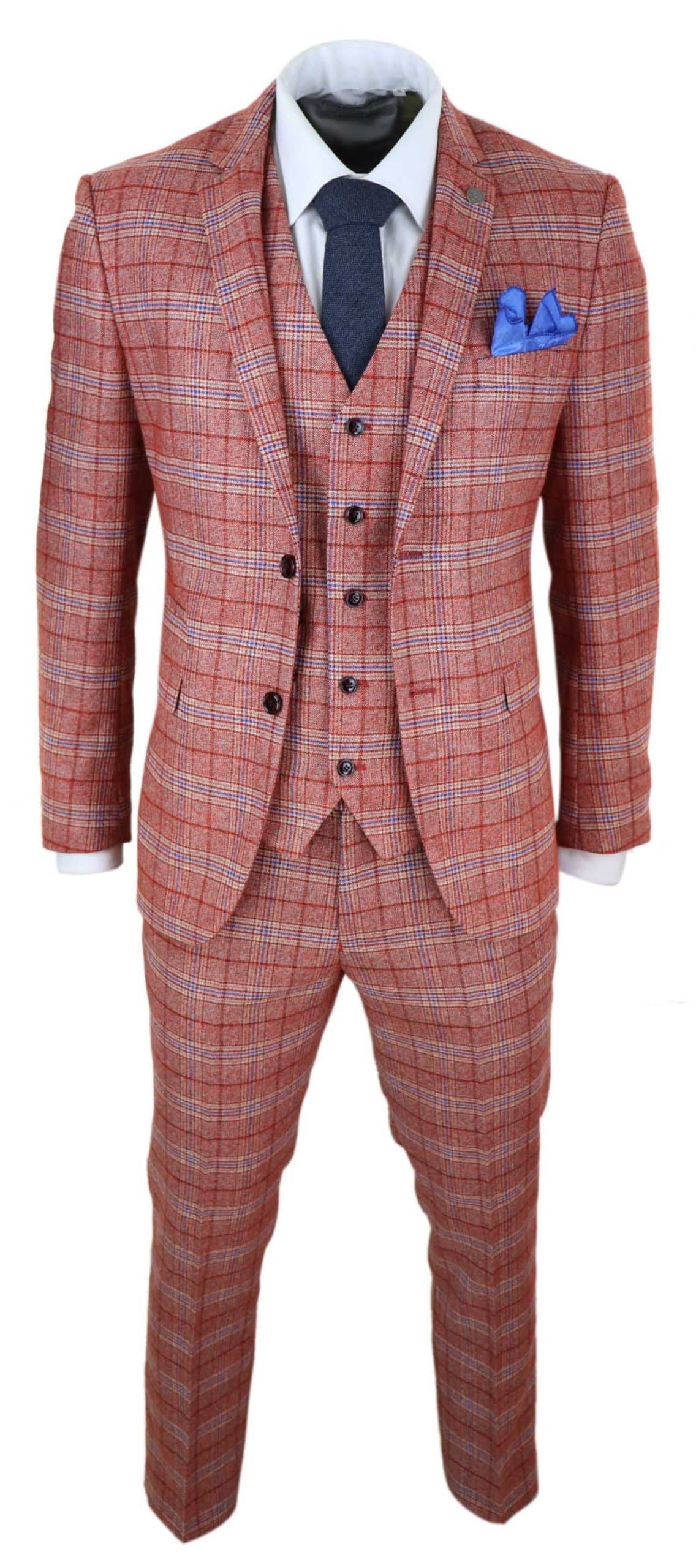 Terno masculino vermelho de tweed xadrez de 3 peças