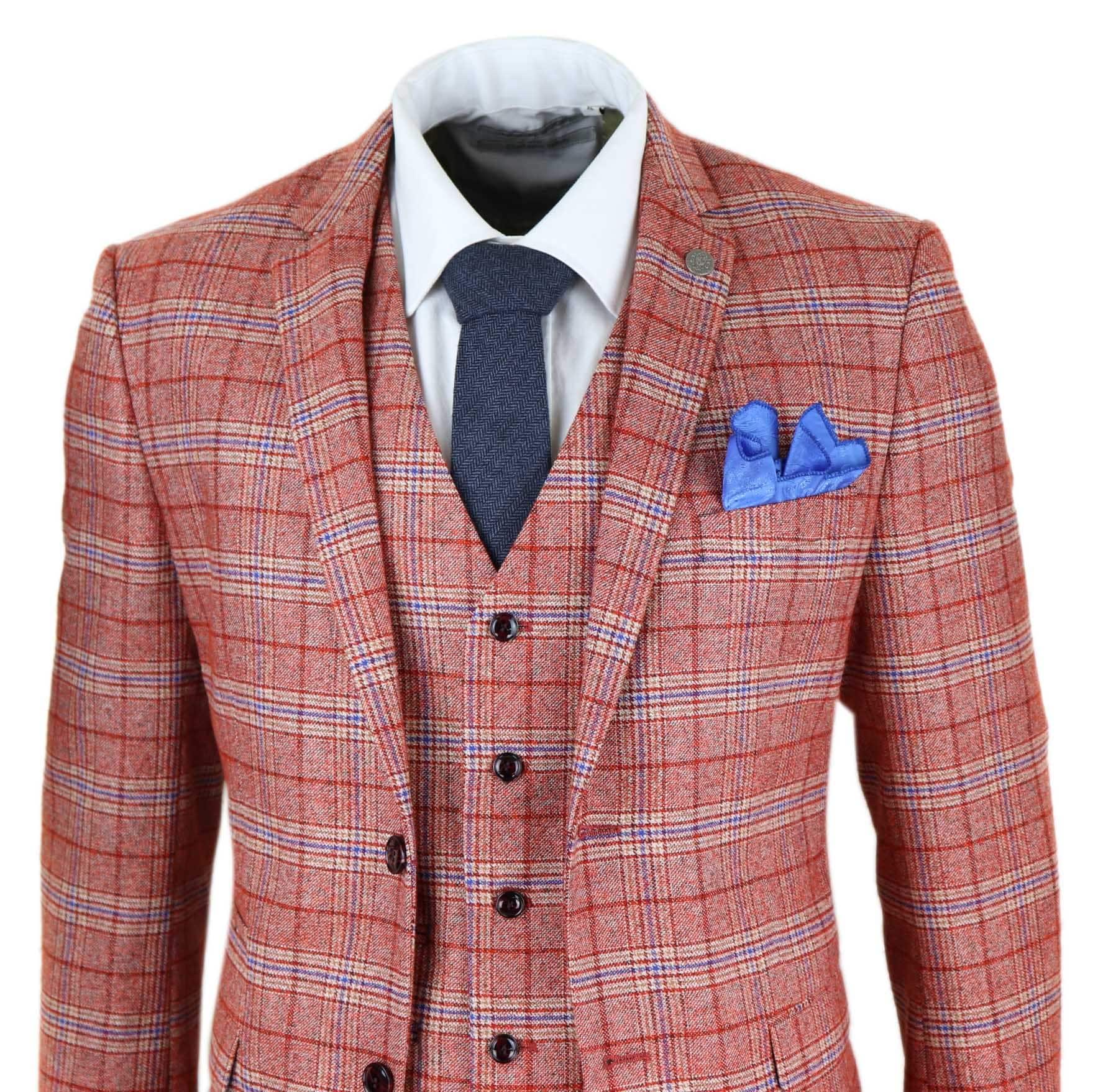 Terno masculino vermelho de tweed xadrez de 3 peças