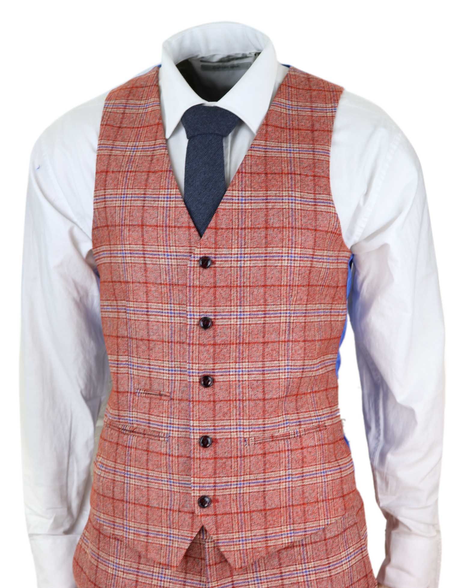 Terno masculino vermelho de tweed xadrez de 3 peças