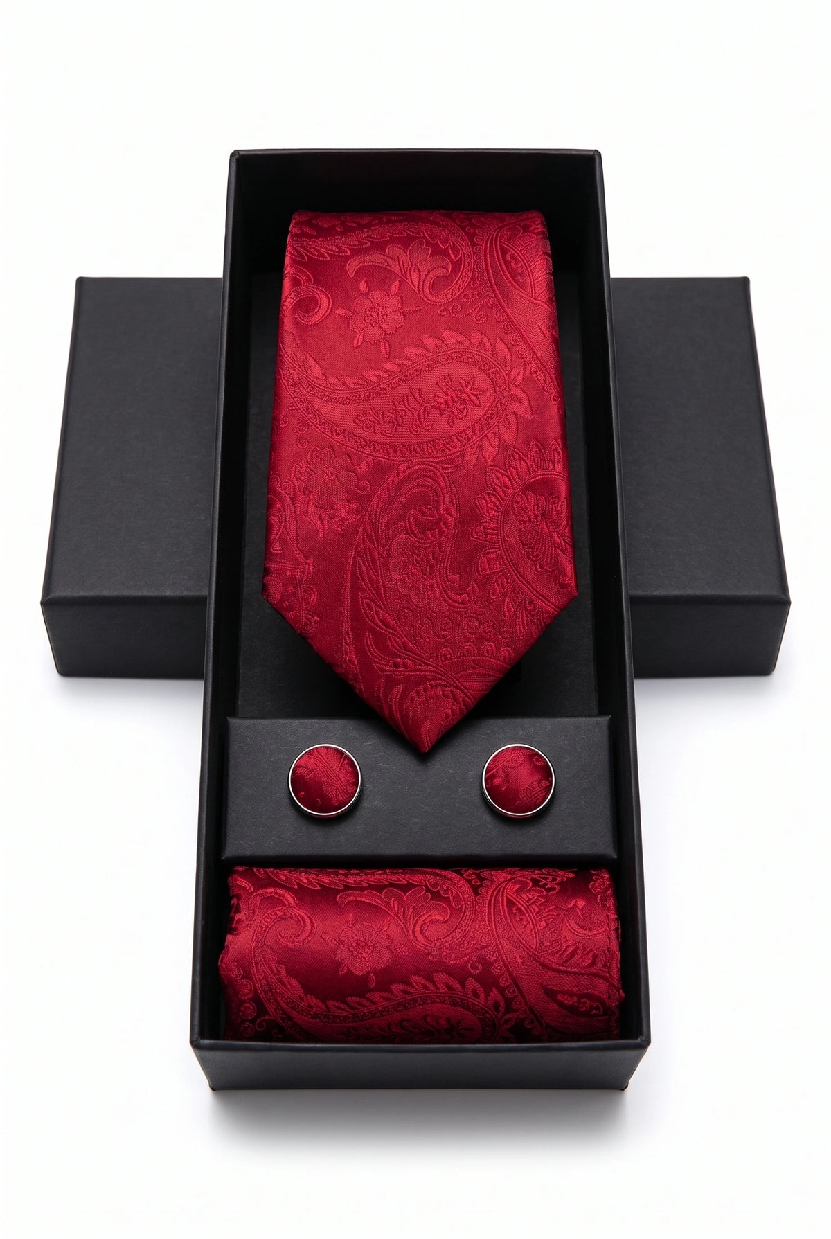 Conjunto de presente com gravata masculina vermelha com estampa paisley