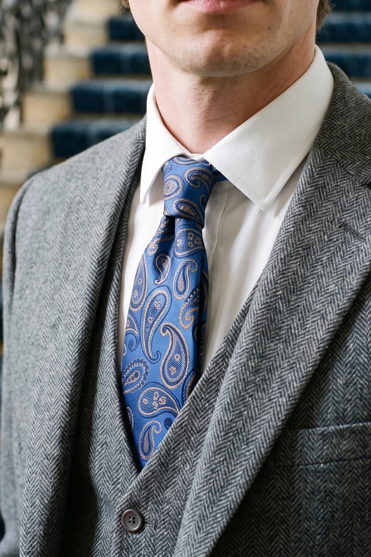 Gravata masculina azul royal com estampa paisley
