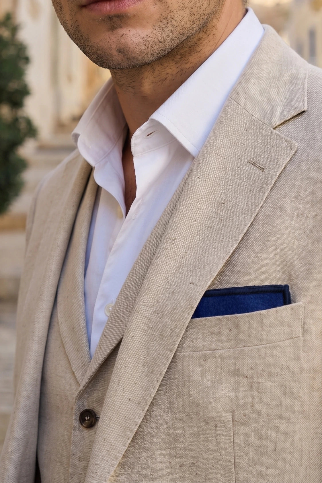 Lenço de bolso masculino em tweed azul royal com mistura de lã.