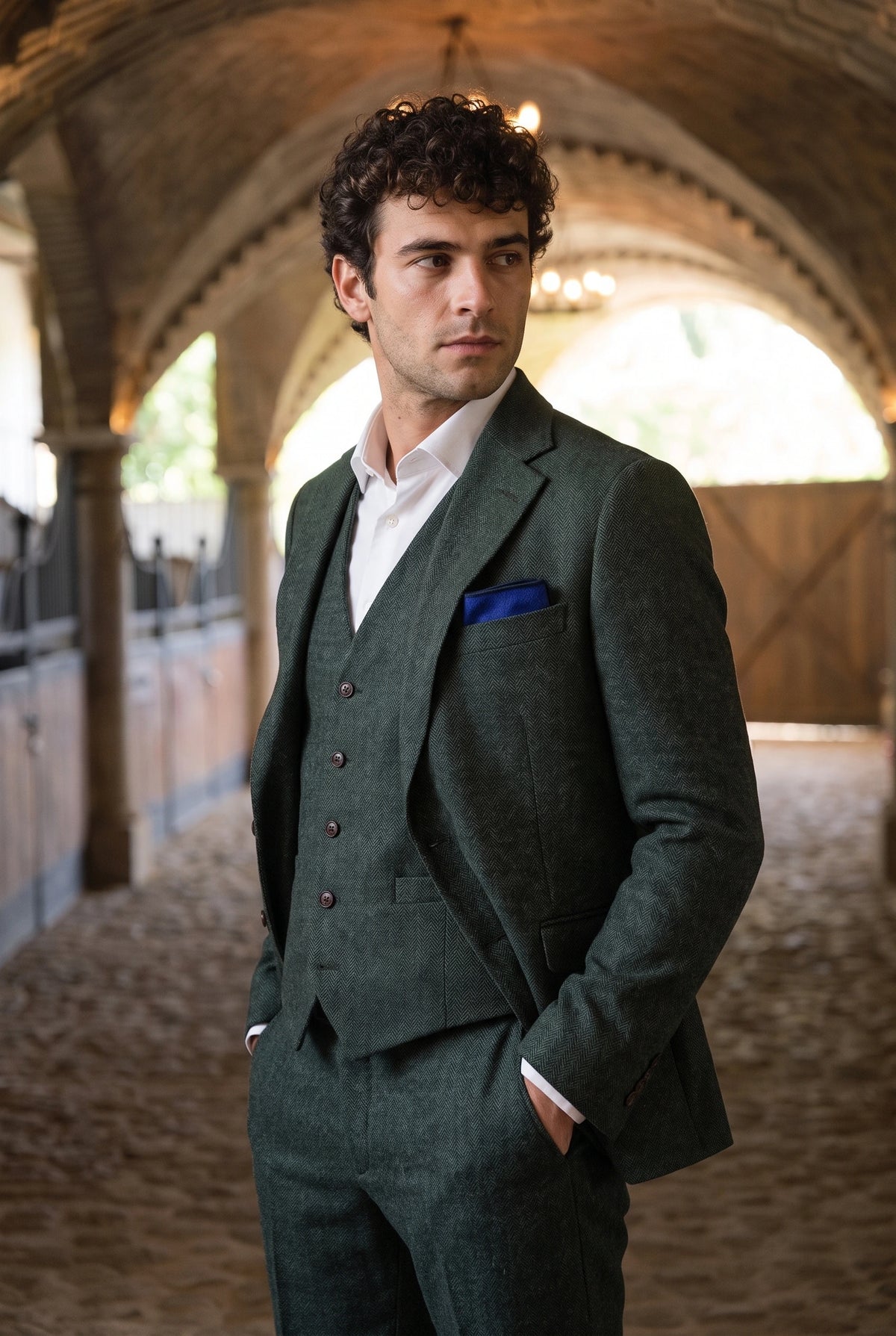 Lenço de bolso masculino em tweed azul royal com mistura de lã.