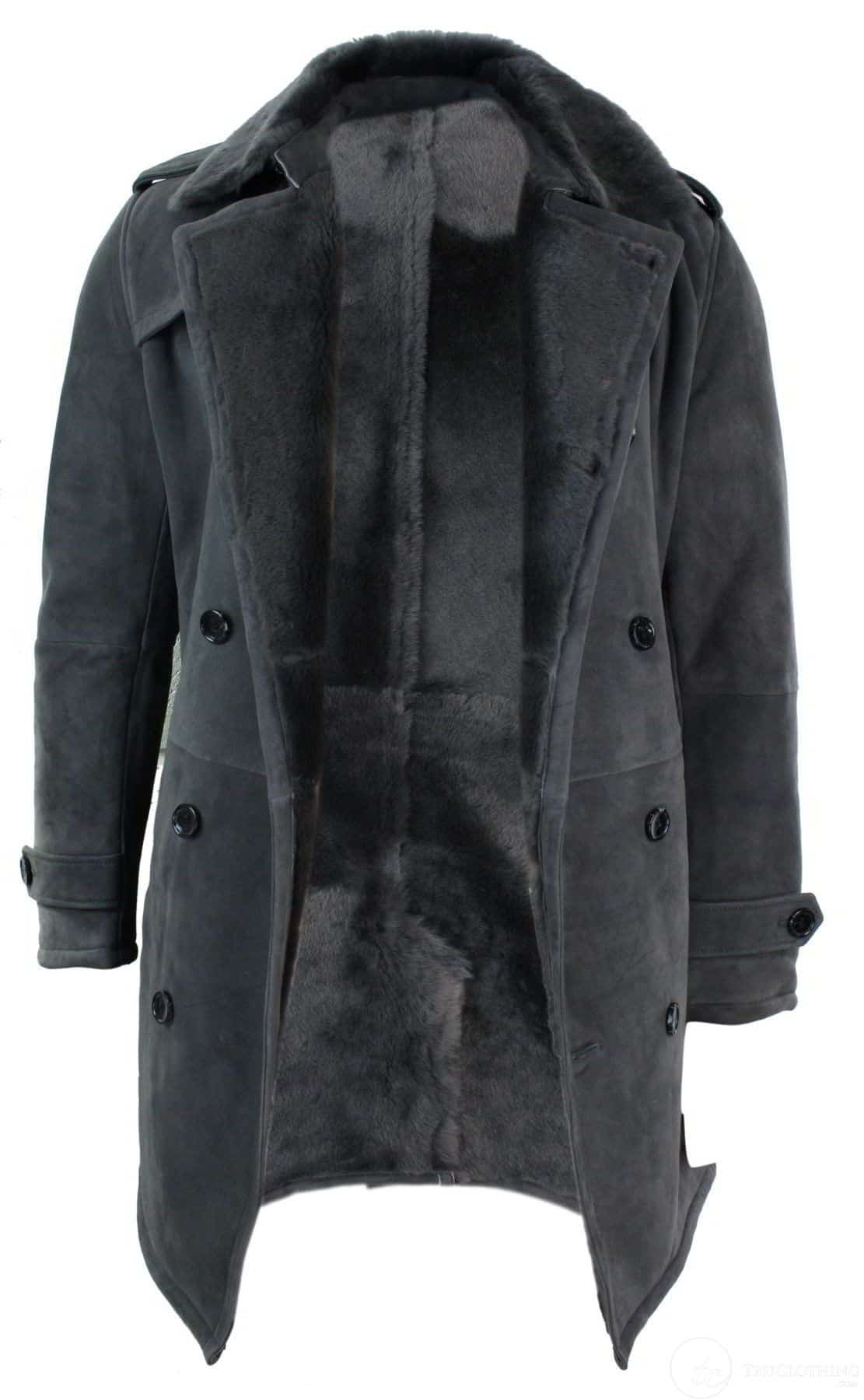 Sobretudo masculino de pele de carneiro Sherling, preto e cinza, com abotoamento duplo e cinto, comprimento 3/4.