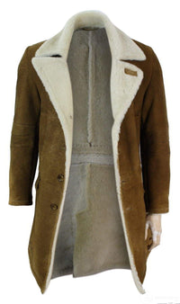 Casaco masculino 3/4 em pele de carneiro Sherling marrom claro, estilo vintage retrô, quente para o inverno.