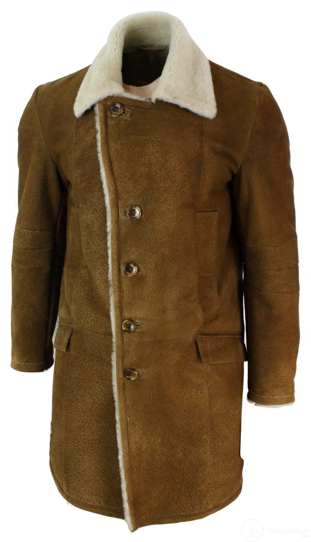 Casaco masculino 3/4 em pele de carneiro Sherling marrom claro, estilo vintage retrô, quente para o inverno.