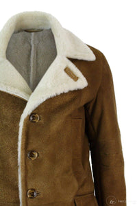Casaco masculino 3/4 em pele de carneiro Sherling marrom claro, estilo vintage retrô, quente para o inverno.