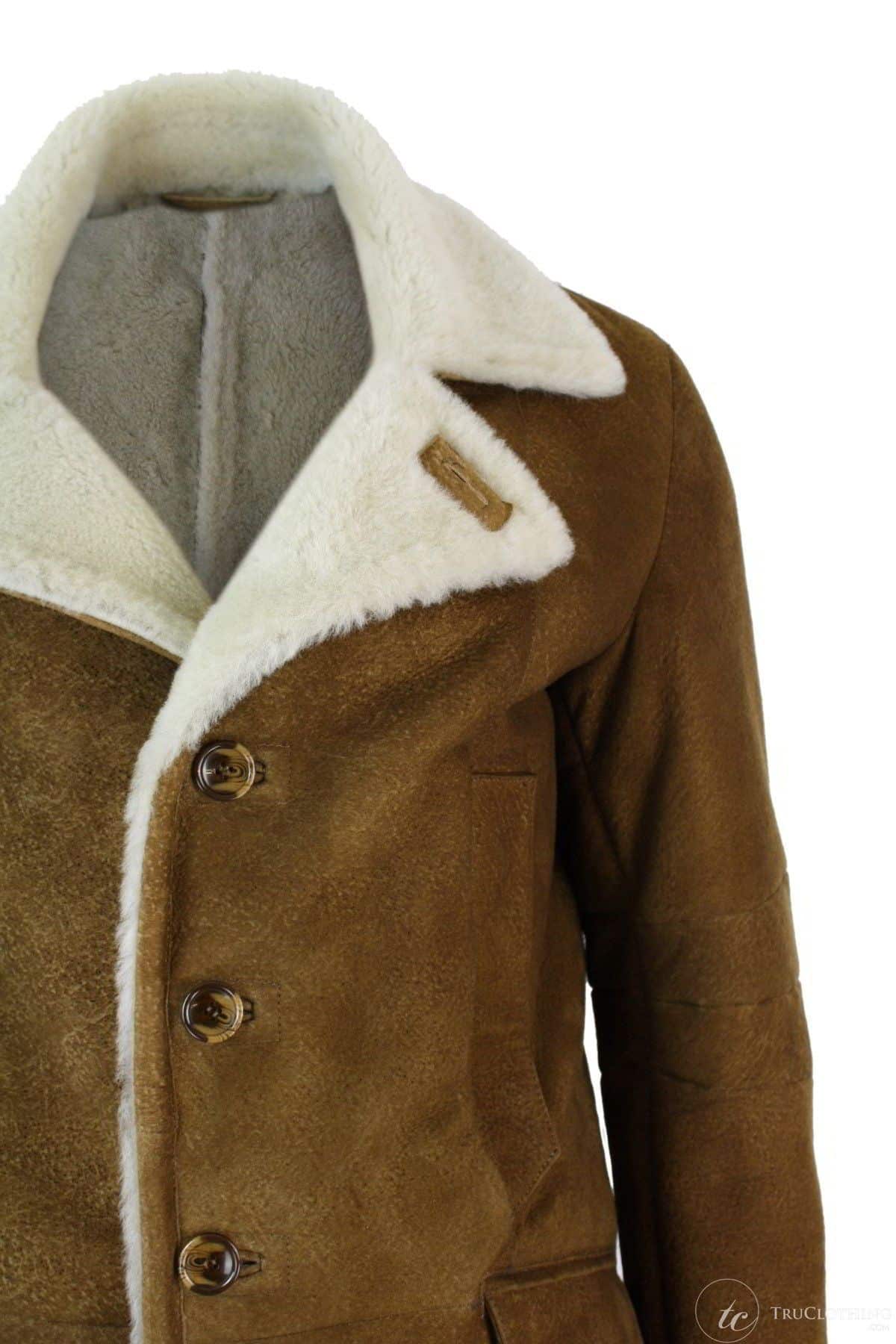 Casaco masculino 3/4 em pele de carneiro Sherling marrom claro, estilo vintage retrô, quente para o inverno.