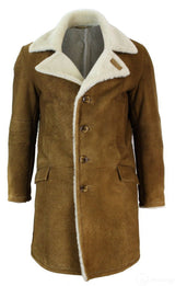 Casaco masculino 3/4 em pele de carneiro Sherling marrom claro, estilo vintage retrô, quente para o inverno.